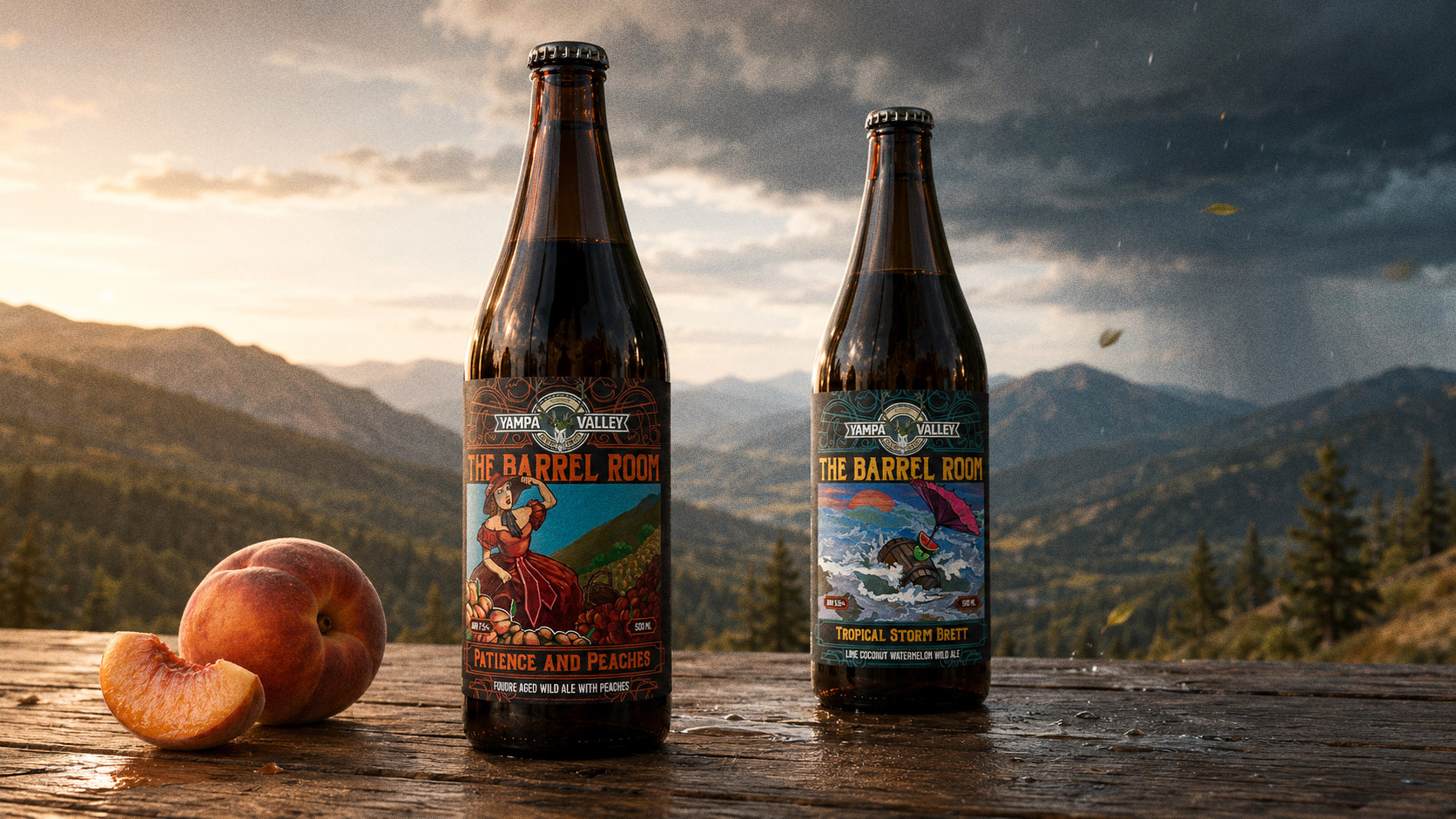 Two Barrel Room bottles against a mountain sunset — Patience and Peaches and Tropical Storm Brett