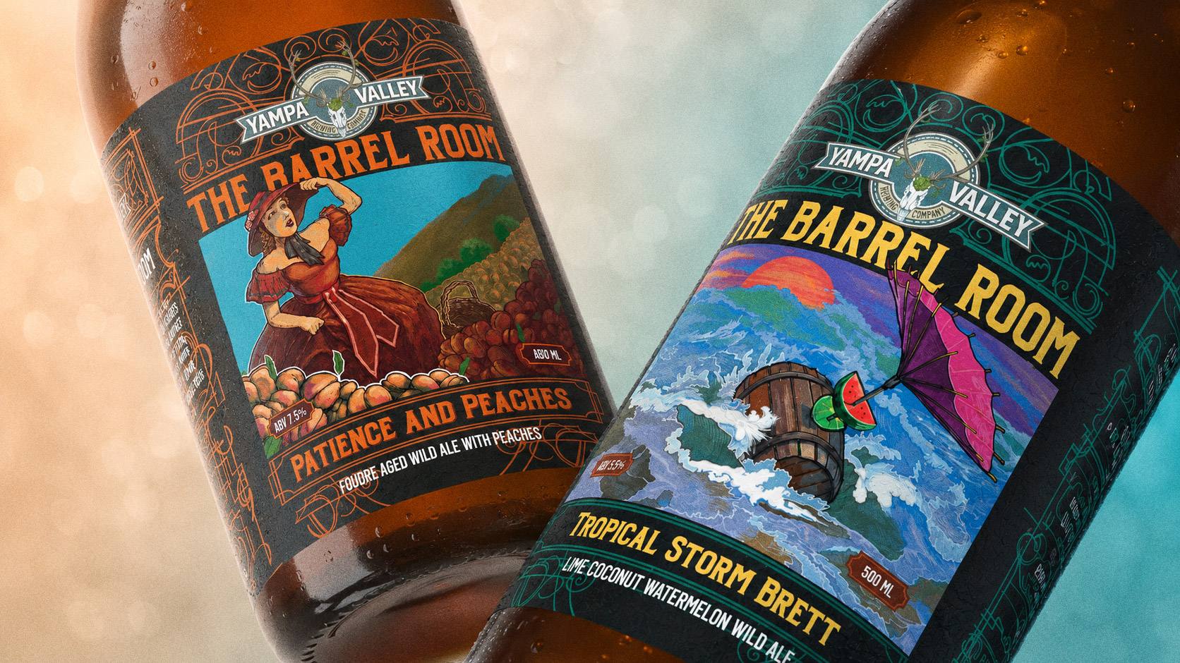 Macro of two Barrel Room labels side by side — the peach picker and the storm-tossed barrel, in fine detail