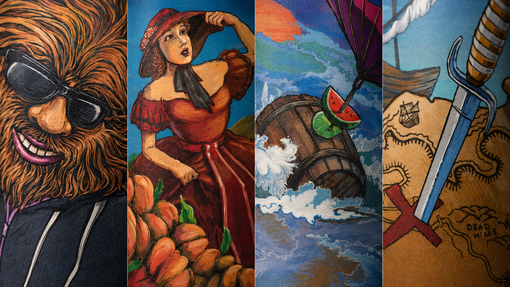 Four Barrel Room label crops in a row — sasquatch, peach picker, storm barrel and a treasure map, showing the hand