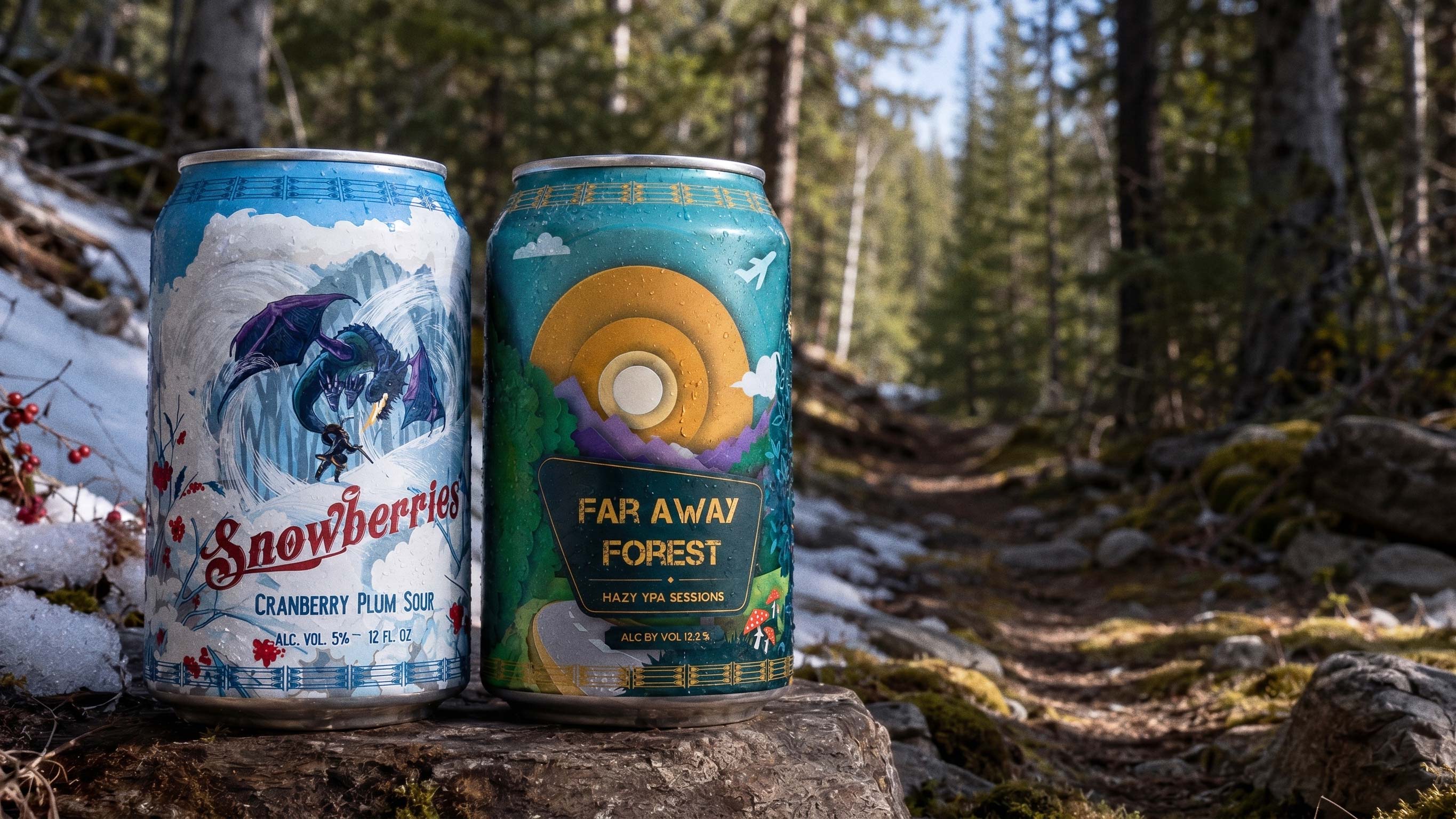 Two one-off cans in the forest — Snowberry cranberry plum sour and Far Away Forest hazy IPA sessions