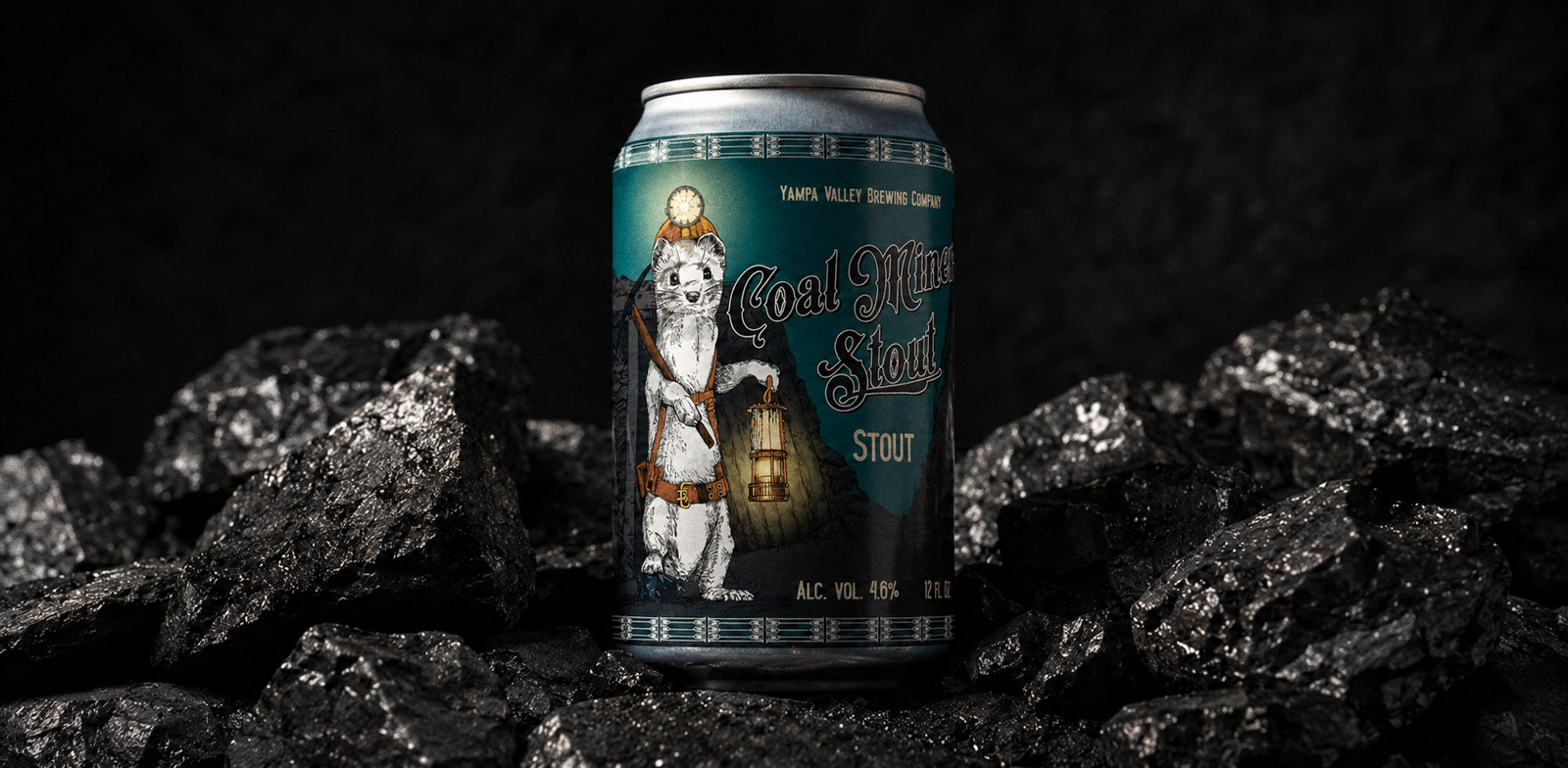 Coal Miner Stout — the can set on black coal, an engraved stoat miner with a lantern on the label