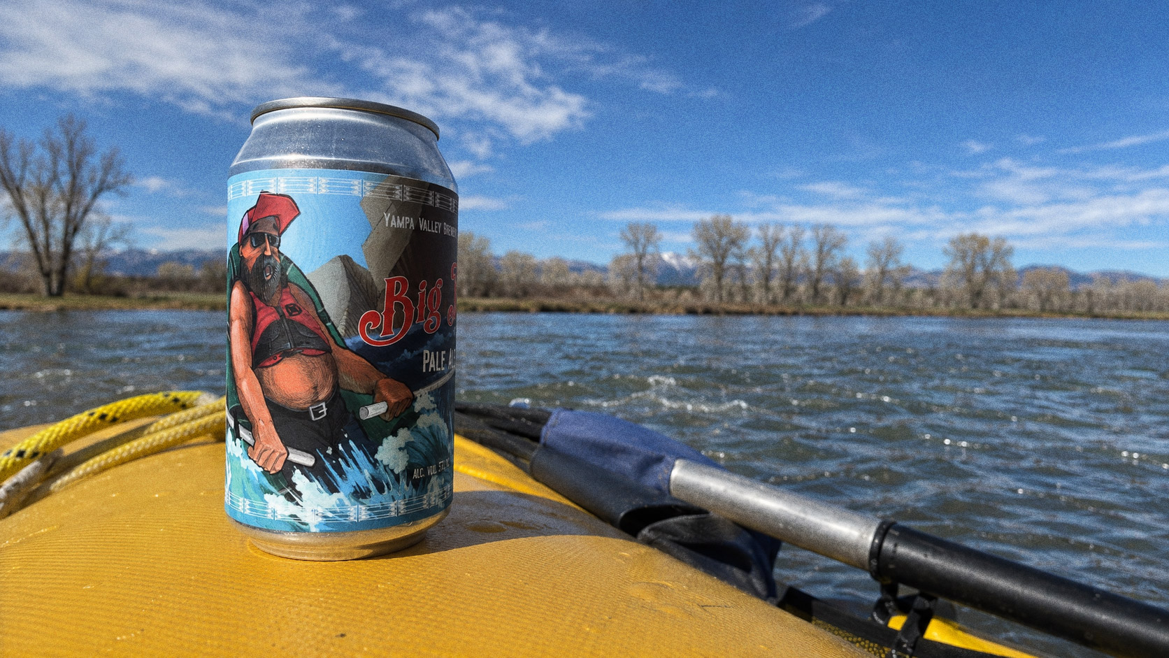 Big Joe Pale Ale — the can on a yellow raft out on the river, the rafter mid-paddle on the label