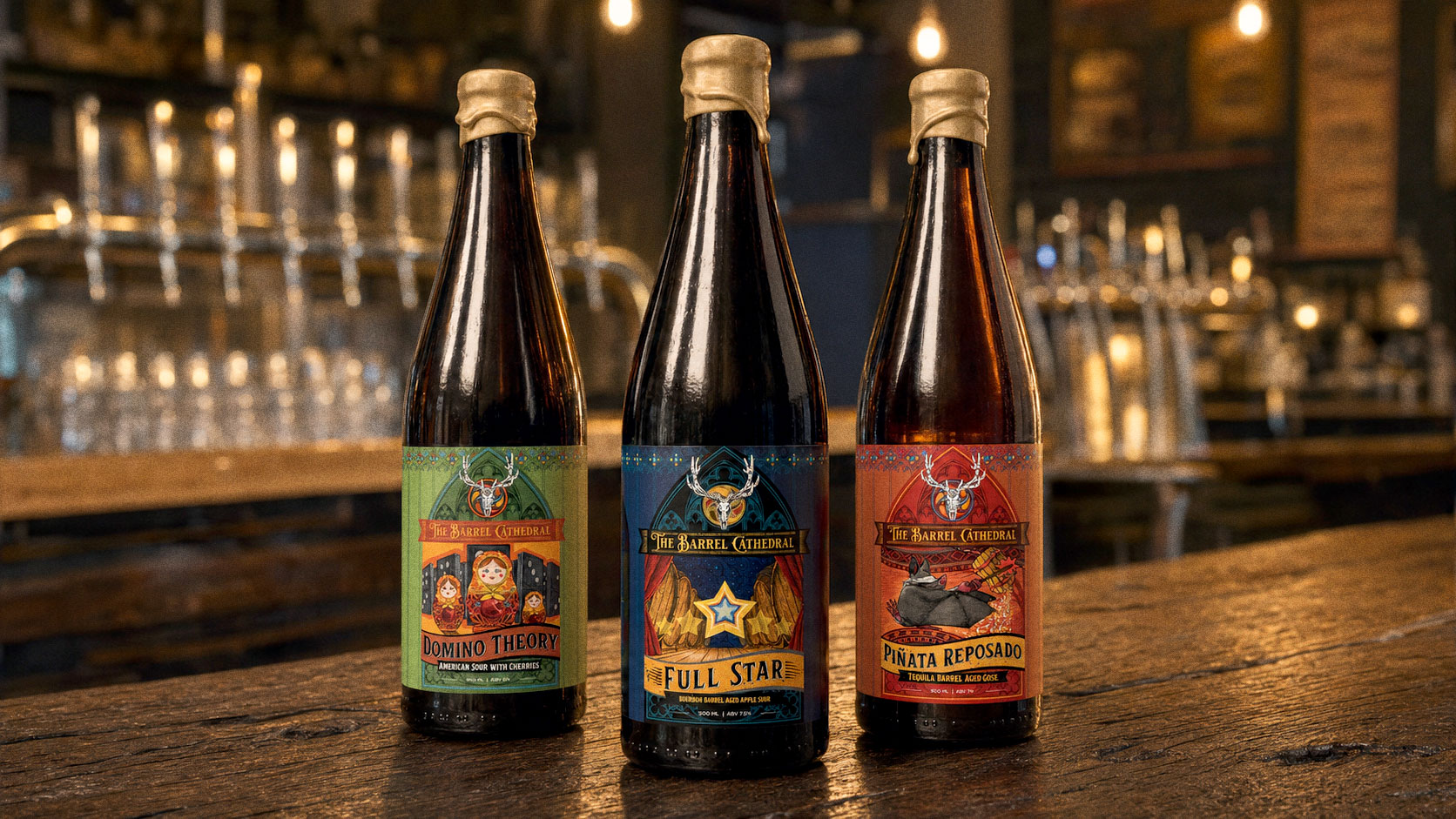 Three Barrel Cathedral bottles with gothic arched labels — Domino Theory, Full Star and Piñata Reposado